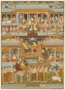 Amantes e amados: uma composição de cenas da literatura persa, urdu e sânscrita, c. 1735 (aquarela opaca com ouro sobre papel) de Indian School