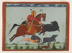 Maharaja Pratap Singh II de Mewar Hunting Boar, c.1750-75 (aguarela, ouro e prata sobre papel) de Indian School