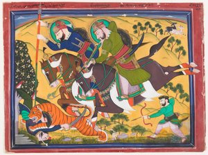 Maharaja Ram Singh caçando um tigre, segundo quartel do século XIX (aguarela sobre papel) de Indian School