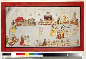 Maharana Sangram Singh com seus filhos e cortesãos, c.1715 (wc opaca e ouro sobre papel, montado em uma página de álbum) de Indian School
