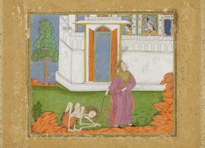 Majnun é reduzido a um estado abjeto, c.1700 (wc opaco e ouro no papel) de Indian School
