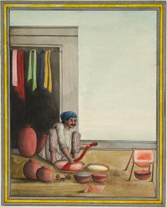 Homem a tingir tecido, início da década de 1830 (tinta e cor sobre papel) de Indian School
