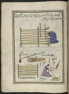 Fabricante de tapetes de palhetas divididas e a sua mulher fazendo tapetes, 86 desenhos encadernados num volume representando ofícios e profissões em Caxemira, Os artesãos são mostrados no trabalho com os seus utensílios e equipamento, Por um artista de Ca de Indian School