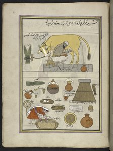 Milkman da casta e esposa de Gujar, 86 desenhos encadernados num volume representando ofícios e profissões em Caxemira, Artesãos são mostrados no trabalho com os seus utensílios e equipamento, Por um artista de Caxemira, provavelmente em Srinagar, c.1850-6 de Indian School