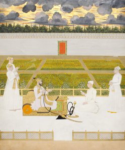 Mir Jaffar, Nawab de Murshidabad, com um cortesão e atendentes, c.1760 (wc opaca e ouro no papel) de Indian School