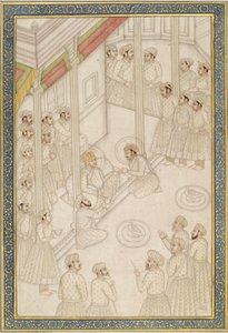 Mughal Emperor Akbar Holding Court Durante sua doença final, meados do século 18 (folha de álbum; pigmento com ouro em papel polido) de Indian School