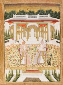 Nawab Mir Alam Bahadur e Raja Chandu Lal Bahadur, c.1800 (wc opaca e ouro sobre papel) de Indian School