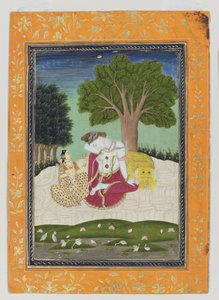 Parvati oferece uma xícara para Shiva, c.1800 (wc opaca e ouro sobre papel) de Indian School