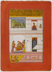 Patamanjari Ragini, página de uma série dispersa de Ragamala, início do século XVIII (wc opaca e ouro sobre papel) de Indian School