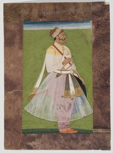 Retrato do chefe Rathor Bhagwan Das, do clã Mertia de Rian, Jodhpur, 1820 (guache montado em papel indiano com borda de papel pardo composto) de Indian School