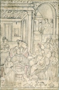 Marinheiros portugueses com mulheres indianas (caneta e tinta e wc no papel) de Indian School