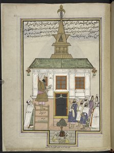 Pregador e adoradores na mesquita de madeira de Shah Hamadan, Srinagar, originalmente o santuário de Mahakali Bhagwati, 86 desenhos encadernados num volume representando ofícios e profissões em Caxemira, Os artesãos são mostrados a trabalhar com as suas al de Indian School