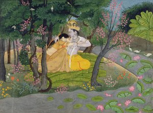 Radha e Krishna se abraçam em um bosque de árvores floridas, c.1780 (wc no papel)