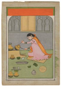 Radha na cozinha, c. 1810 (pigmentos opacos e ouro sobre wasli) de Indian School