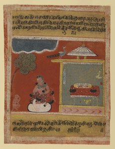 Radha ansiando por sua amada página de uma série Rasikapriya datada de 1634 (wc opaca e ouro sobre papel) de Indian School
