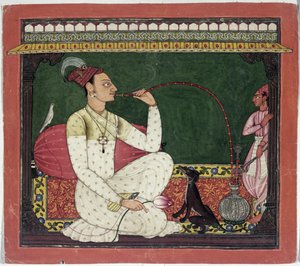 Raja Medini Pal, inscrito no verso em caracteres Takari bilauria medini pal, Basohli, Himachal Pradesh, Escola Pahari, 1735 de Indian School