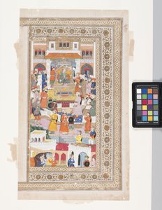 Raja com Courtiers (caneta, tinta, guache e folha de ouro em pergaminho) de Indian School
