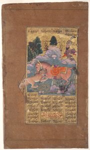 Rakhsh luta contra o leão para proteger Rustam, c.1610 (wc opaco e ouro no papel) de Indian School
