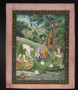 Rama, Lakshmana e Sita Cozinhando e Comendo no Deserto, c.1820 (guache com ouro sobre papel) de Indian School