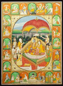 Rama e Sita Entronizado, adorado por Shiva, Hanuman e outros, 1800-20 de Indian School