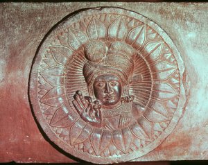 Relevo retratando uma flor de lótus com a cabeça de um homem, de uma stupa budista de Bharhut, Madhya Pradesh, Período Maurya, Dinastia Sunga (180-72 aC)