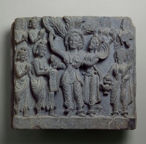 Relevo retratando o nascimento de Buda, Gandhara, provavelmente Sikri, do século II-III (xisto) de Indian School