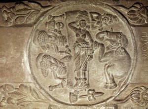 Relevo retratando o sonho de Maya, de uma stupa budista de Bharhut, Madhya Pradesh, Período Maurya, Dinastia Sunga (180-72 aC)