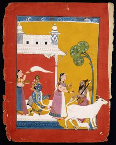 Rukmini oferece água ao sábio Narada, enquanto Krishna está em sua casa, c.1725-1730 de Indian School