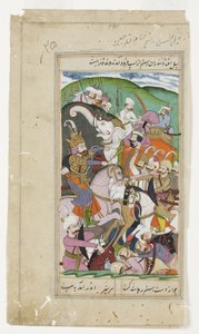 Rustam lassoes o Khaqan da China e arrasta-lo de seu elefante branco, c.1790 (aquarela opaca e ouro) de Indian School