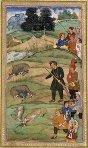 Salim, segurando seu rifle, gesticula para um nilgai morto, c.1600 (wc opaco e ouro no papel) de Indian School