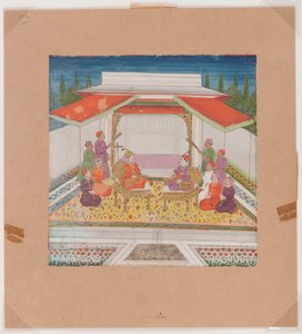 Figuras sentadas e atendentes diante de uma fonte (wc opaco sobre papel) de Indian School