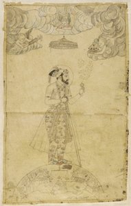 Shah Jahan em um globo (dourado e colorido no papel) de Indian School
