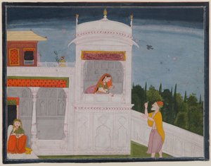 O brâmane Sudama e Rukmini em um palácio, página do episódio Sudama da série Bhagavata Purana, c.1800 ou posterior (wc no papel) de Indian School