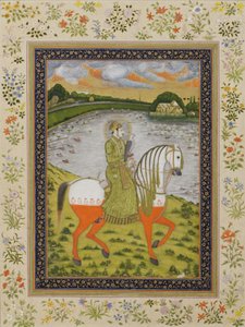 O imperador Muhammad Shah, equestre, no campo de caça, c.1750 (wc opaca e ouro sobre papel) de Indian School