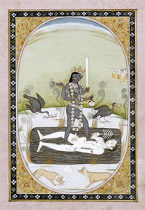 A Deusa Kali representada em uma pintura Kangra, Himachal Pradesh, c.1820-5 (aquarela opaca e tinta dourada sobre papel) de Indian School