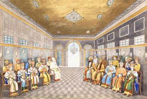Os Nawabs e Reis de Oudh, no interior de um palácio, com seus servos presentes, c.1800 de Indian School