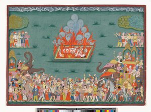 A Sati de Ramabai, esposa de Madhavrao Peshwa, c.1772-75 (aguarela e ouro sobre papel) de Indian School