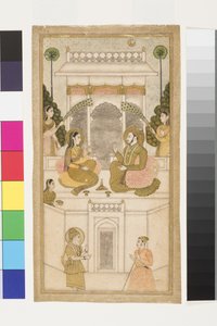 O Sultão da Golconda, Quli Qutb Shah, sentado com seu consorte, 1700-25 (wc opaca e ouro sobre papel) de Indian School