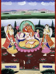 A divindade Ganesha (Ganesh ou Ganapati), filha de Shiva e Parvati. Impressão popular indiana do século XIX. de Indian School