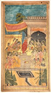 O casamento de Tana Shah na cerimônia de Jalwa, 1679 (wc opaca e ouro no papel) de Indian School