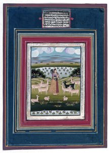 Todi ragini - Uma senhora jogando uma vina em uma paisagem com animais, 1810-20 de Indian School