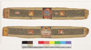 Acima: Dancing Heruka; Abaixo: Bodhisattva Sadaksari Avalokitesvara e Atendentes, c.1150-1200 (wc & tinta opaca na folha de palmeira) de Indian School