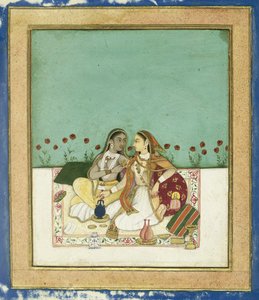 Duas mulheres em um terraço, depois de 1700 (wc opaco e ouro no papel) de Indian School