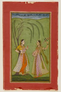 Duas senhoras em uma paisagem, c.1725 (wc opaca no papel) de Indian School