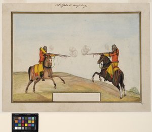 Dois soldados montados trocando tiros de rifle, c.1830 (aquarela opaca e ouro sobre papel) de Indian School