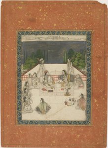 Duas mulheres sentadas em um terraço, cercadas por atendentes e músicos, c.1650 (wc opaca e ouro sobre papel) de Indian School