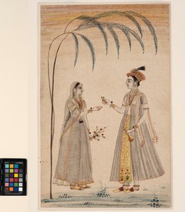 Duas mulheres debaixo de uma árvore, c.1750 (aquarela opaca e ouro sobre papel) de Indian School