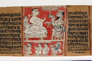 Vimalaprava conversa com Raji e Lakshmi, c.1300 (wc opaco na folha de palmeira) de Indian School