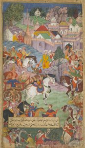 Vol.1 fol.20 Dasaratha sai em direção a Angada para convidar Rsyasrnga para sua morada (wc opaca, tinta e ouro no papel) de Indian School