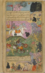 Vol.2 fol.253 Vibhisana exorta os macacos a completar sua vitória sobre os raksasas matando Indrajita e suas forças (aguarela opaca, tinta e ouro no papel) de Indian School